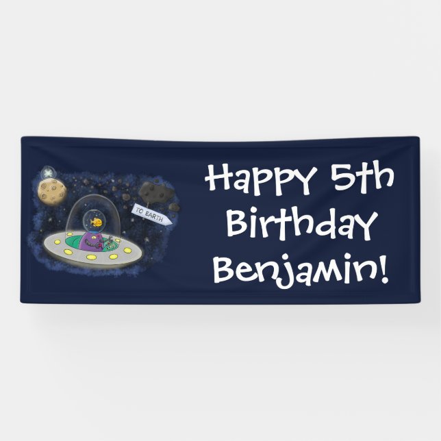 Cute happy fish ufo space cartoon illustration banner (Horizontal)