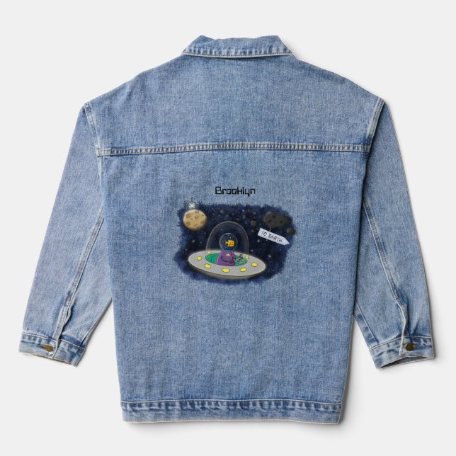 Cute happy fish ufo space cartoon illustration denim jacket (Back)