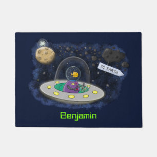 Cute happy fish ufo space cartoon illustration doormat