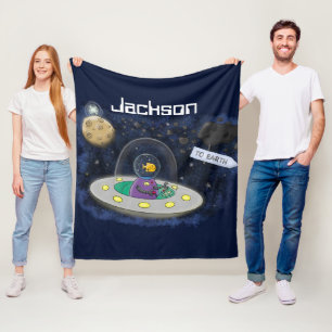 Cute happy fish ufo space cartoon illustration fleece blanket