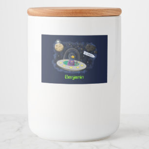 Cute happy fish ufo space cartoon illustration food label