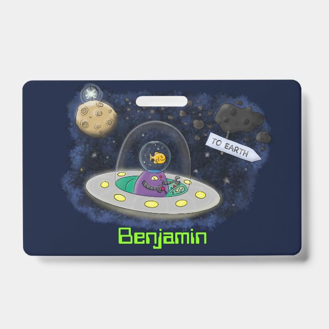 Cute happy fish ufo space cartoon illustration ID badge (Front)