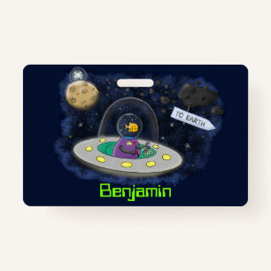 Cute happy fish ufo space cartoon illustration ID badge