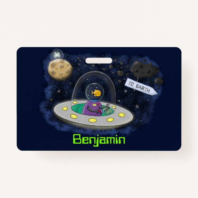 Cute happy fish ufo space cartoon illustration ID badge (Front)