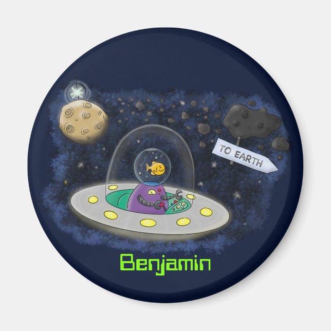 Cute happy fish ufo space cartoon illustration magnet (Front)