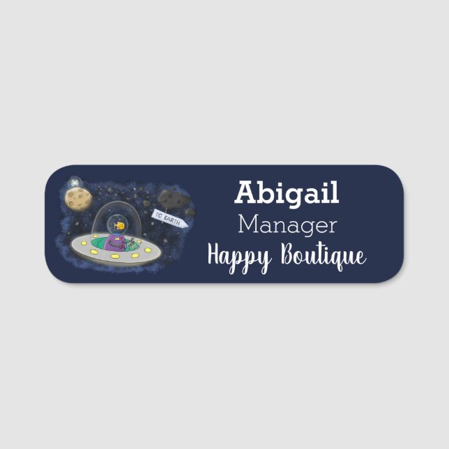 Cute happy fish ufo space cartoon illustration name tag (Front)