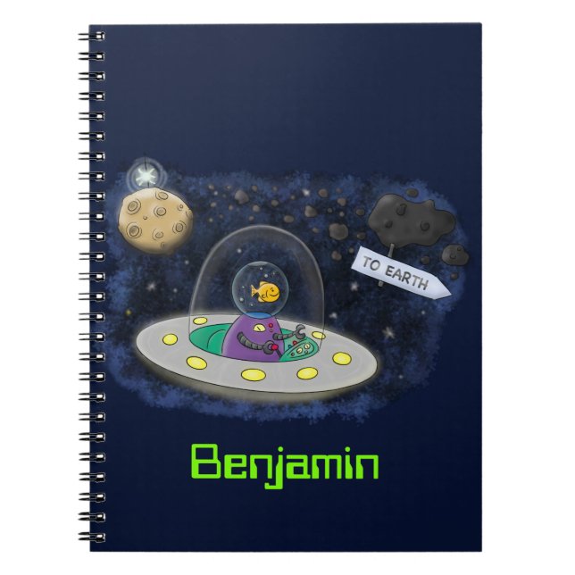 Cute happy fish ufo space cartoon illustration notebook (Front)