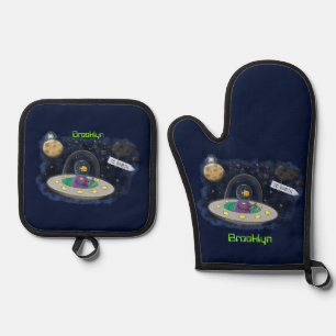 Cute happy fish ufo space cartoon illustration oven mitt & pot holder set