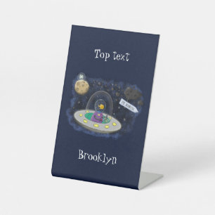 Cute happy fish ufo space cartoon illustration pedestal sign