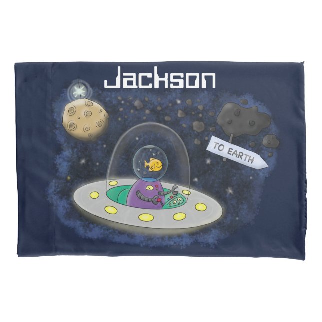 Cute happy fish ufo space cartoon illustration pillowcase (Front)