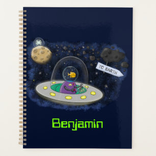 Cute happy fish ufo space cartoon illustration planner