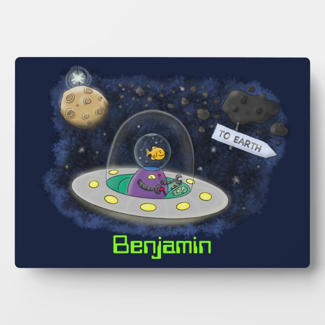 Cute happy fish ufo space cartoon illustration plaque (Front)