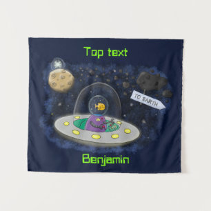 Cute happy fish ufo space cartoon illustration tapestry