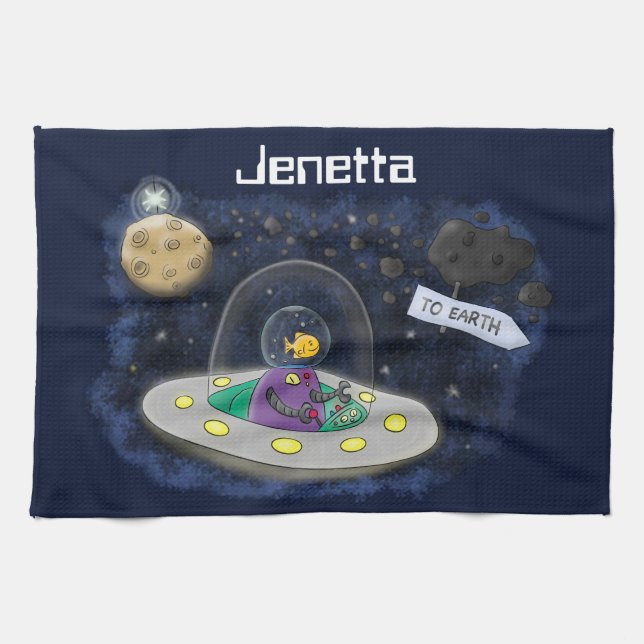 Cute happy fish ufo space cartoon illustration tea towel (Horizontal)