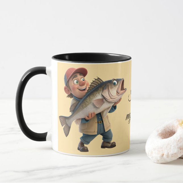 Cute/Happy Fisherman w/a Big Fish Magic Coffee Mug (With Donut)