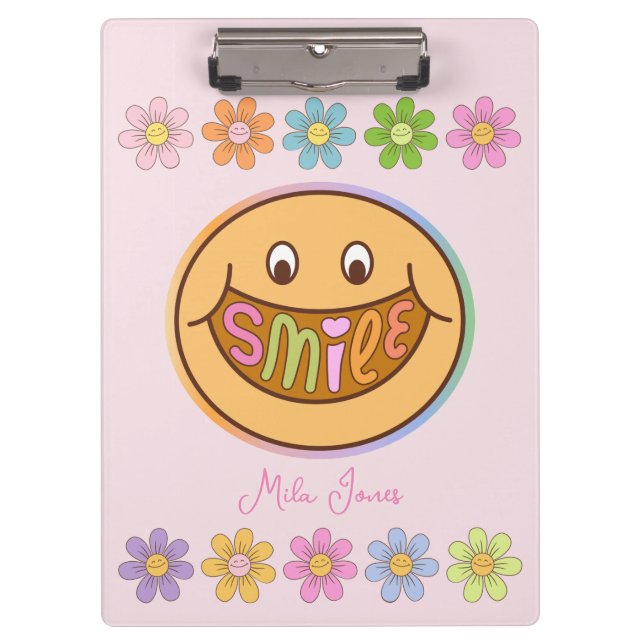 Cute Happy Flower Smile Custom Name Clipboard (Front)