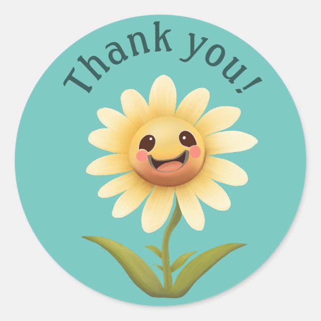 Cute Happy Flower Thank You! Classic Round Sticker (Front)