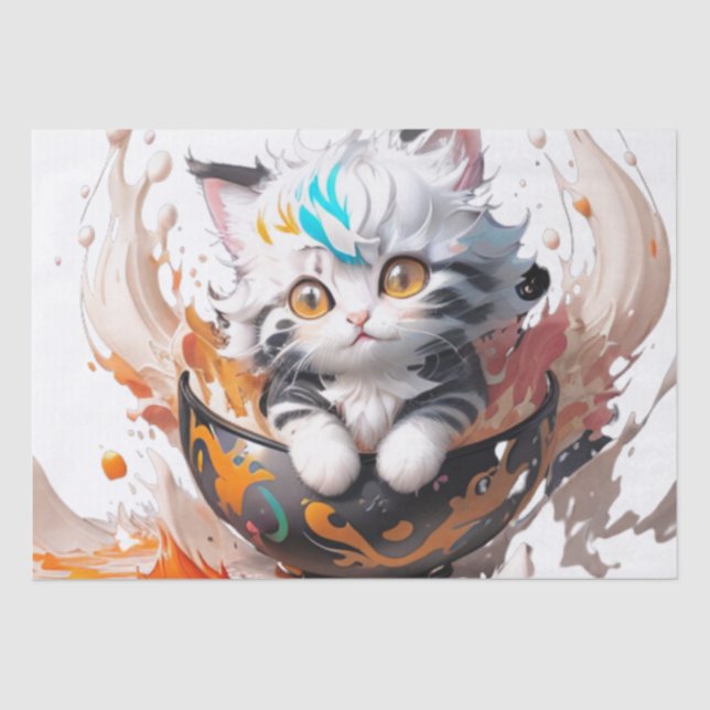 Cute happy fluffy kitten in a ball tissue paper (Front)