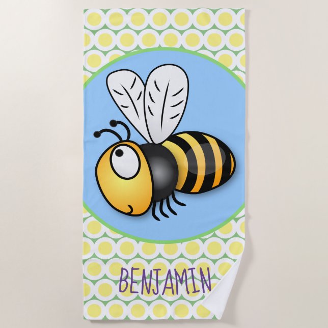 Cute happy flying bee yellow cartoon illustration beach towel (Front)