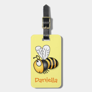 Cute happy flying bee yellow cartoon illustration luggage tag