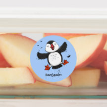 Cute happy flying puffin blue cartoon illustration