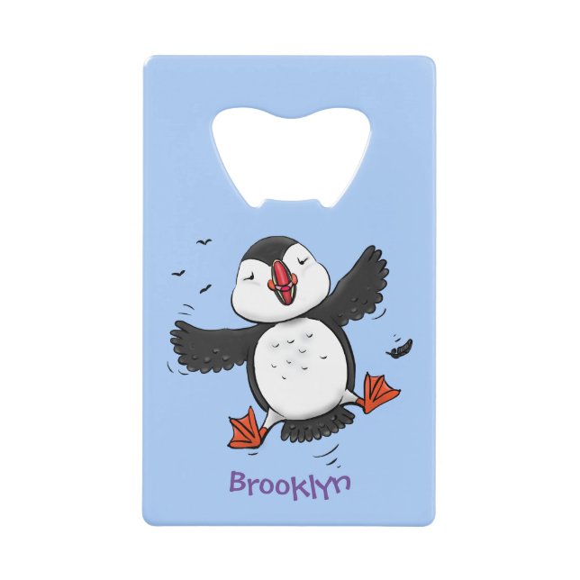 Cute happy flying puffin blue cartoon illustration (Front)