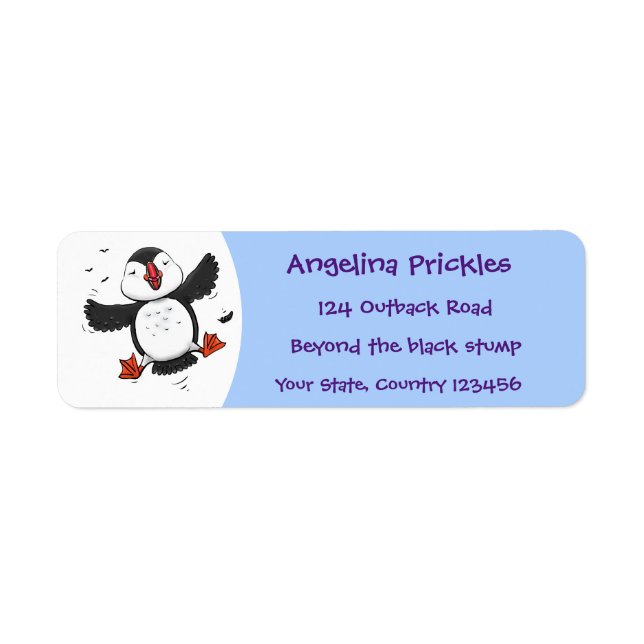 Cute happy flying puffin blue cartoon illustration (Front)