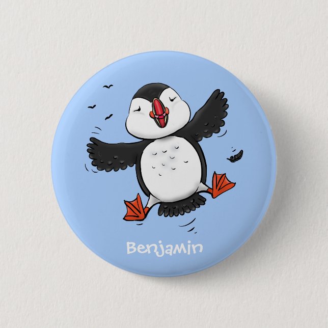 Cute happy flying puffin blue cartoon illustration 6 cm round badge (Front)