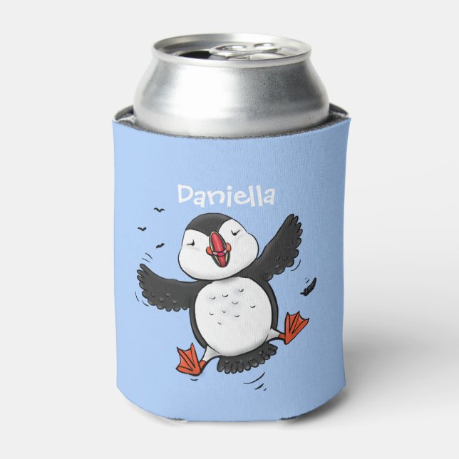 Cute happy flying puffin blue cartoon illustration can cooler (Can Front)