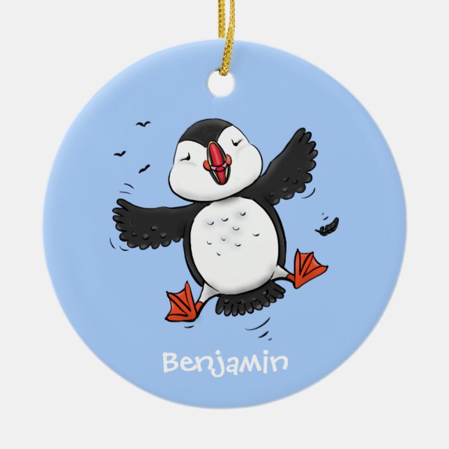 Cute happy flying puffin blue cartoon illustration ceramic tree decoration (Front)