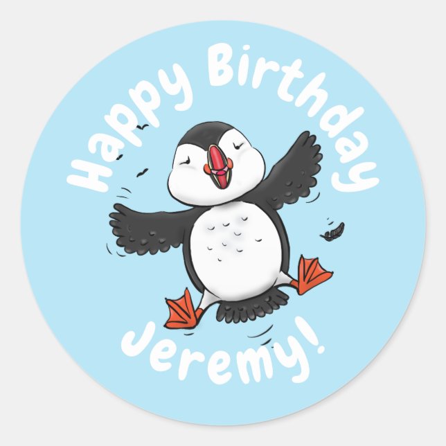 Cute happy flying puffin blue cartoon illustration classic round sticker (Front)