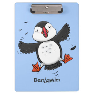 Cute happy flying puffin blue cartoon illustration clipboard