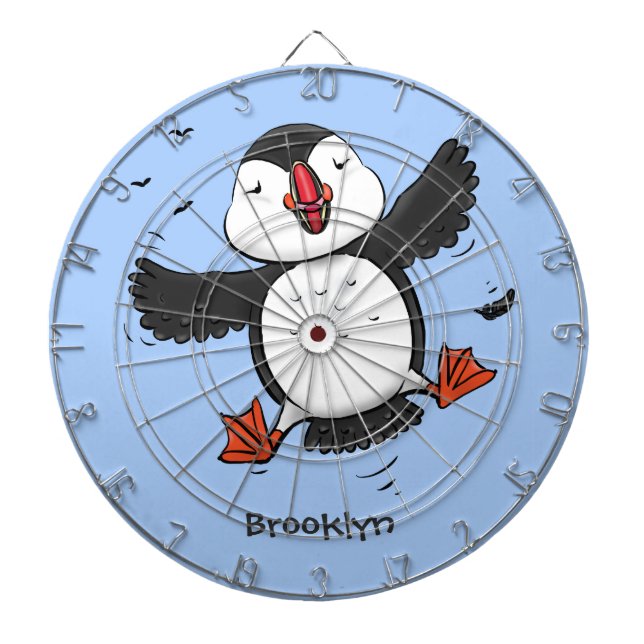 Cute happy flying puffin blue cartoon illustration dartboard (Front)