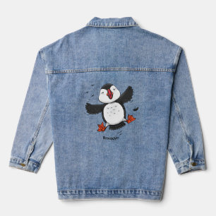 Cute happy flying puffin blue cartoon illustration denim jacket