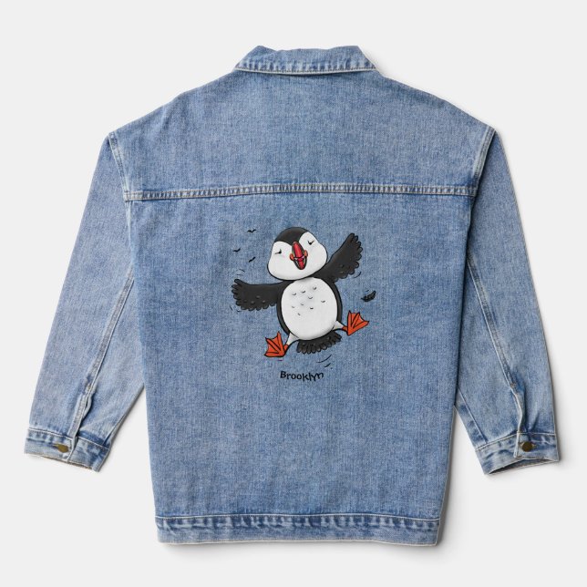 Cute happy flying puffin blue cartoon illustration denim jacket (Back)