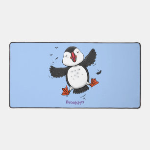 Cute happy flying puffin blue cartoon illustration desk mat