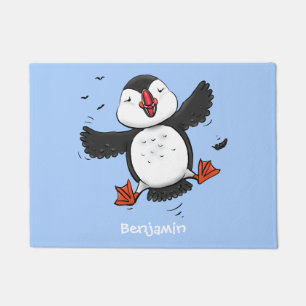 Cute happy flying puffin blue cartoon illustration doormat