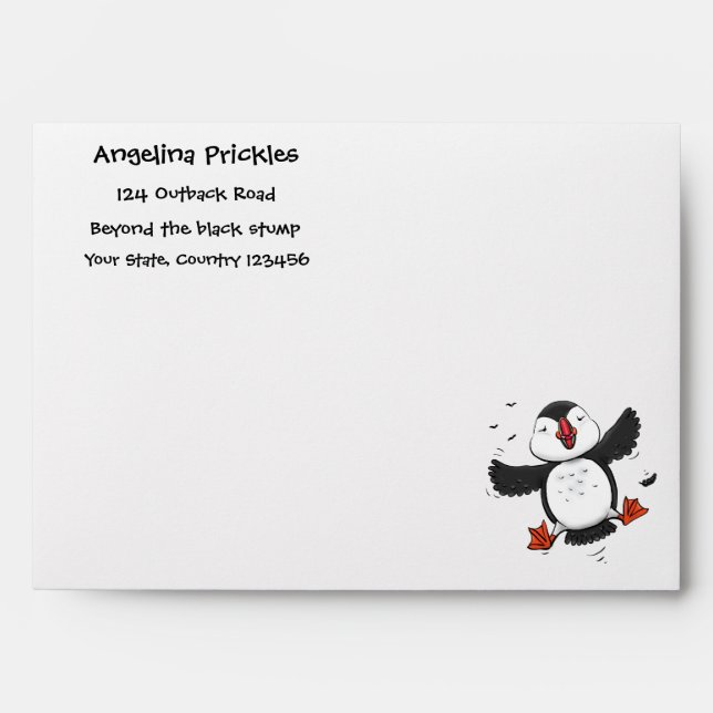 Cute happy flying puffin blue cartoon illustration envelope (Front)