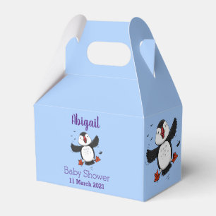 Cute happy flying puffin blue cartoon illustration favour box