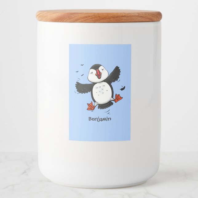 Cute happy flying puffin blue cartoon illustration food label (Front)