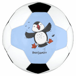 Cute happy flying puffin blue cartoon illustration football