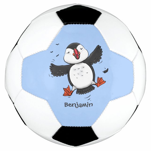 Cute happy flying puffin blue cartoon illustration football (Front)