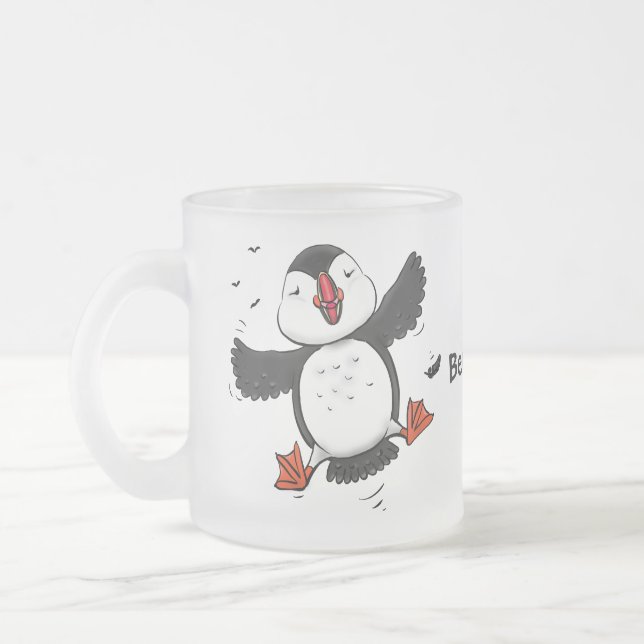 Cute happy flying puffin blue cartoon illustration frosted glass coffee mug (Left)
