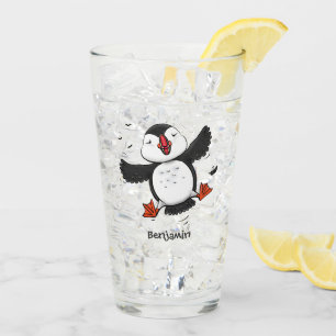 Cute happy flying puffin blue cartoon illustration glass
