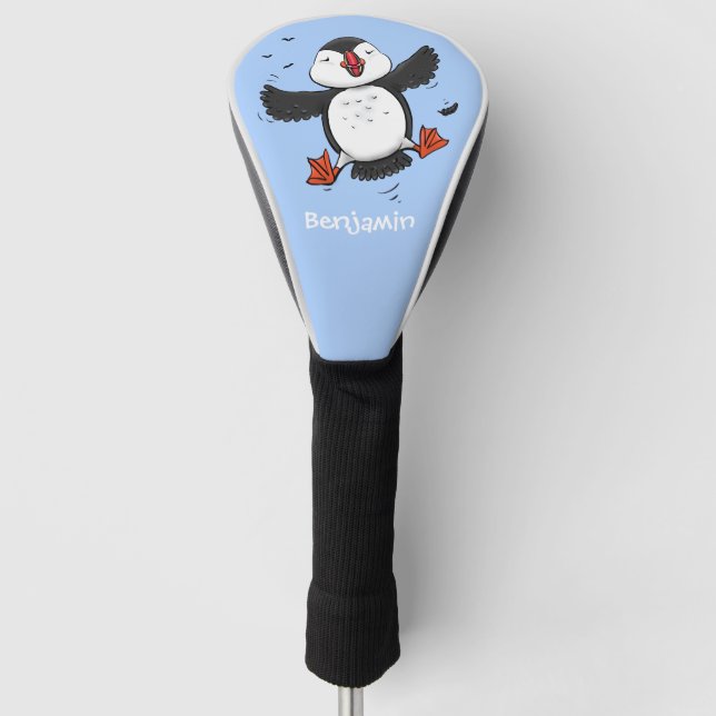 Cute happy flying puffin blue cartoon illustration golf head cover (Front)