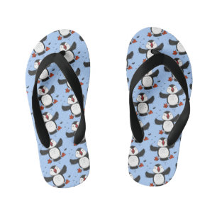 Cute happy flying puffin blue cartoon illustration kid's flip flops