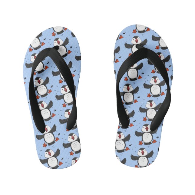 Cute happy flying puffin blue cartoon illustration kid's flip flops (Footbed)