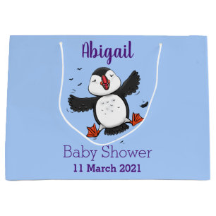 Cute happy flying puffin blue cartoon illustration large gift bag