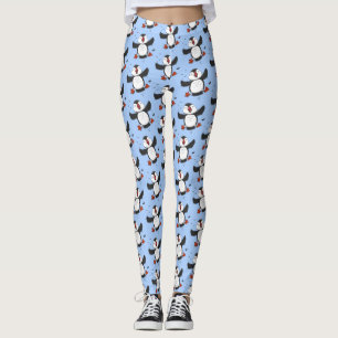 Cute happy flying puffin blue cartoon illustration leggings