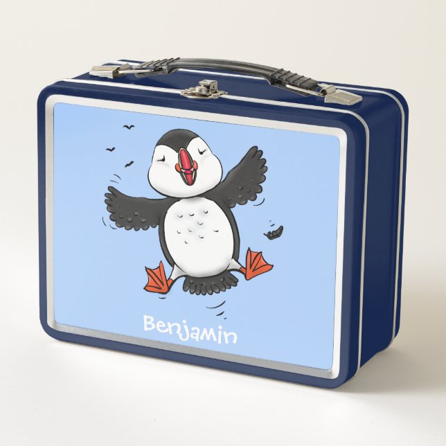 Cute happy flying puffin blue cartoon illustration metal lunch box (Front)